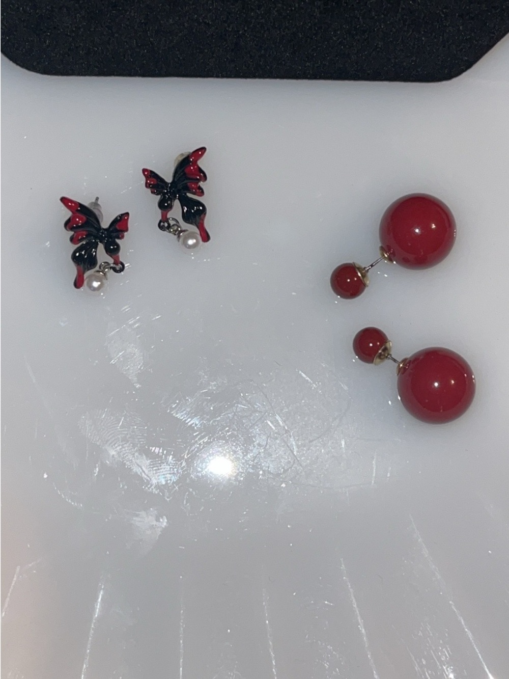 2 Pair Statement Earrings Lot – Butterfly Pearl & Red Double Ball – Untested